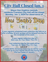 Cranston City Hall Closed Monday, Jan. 1 for New Years Day